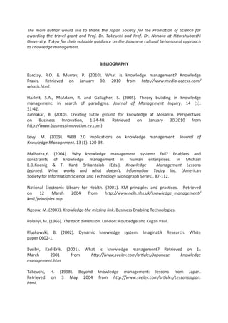The main author would like to thank the Japan Society for the Promotion of Science for
awarding the travel grant and Prof. Dr. Takeuchi and Prof. Dr. Nonaka at Hitotshubatshi
University, Tokyo for their valuable guidance on the Japanese cultural behavioural approach
to knowledge management.
BIBLIOGRAPHY
Barclay, R.O. & Murray, P. (2010). What is knowledge management? Knowledge
Praxis. Retrieved on January 30, 2010 from http://www.media-access.com/
whatis.html.
Hazlett, S.A., McAdam, R. and Gallagher, S. (2005). Theory building in knowledge
management: in search of paradigms. Journal of Management Inquiry. 14 (1):
31-42.
Junnakar, B. (2010). Creating futile ground for knowledge at Mosanto. Perspectives
on Business Innovation, 1:34-40. Retrieved on January 30,2010 from
http://www.businessinnovation.ey.com)
Levy, M. (2009). WEB 2.0 implications on knowledge management. Journal of
Knowledge Management. 13 (1): 120-34.
Malhotra,Y. (2004). Why knowledge management systems fail? Enablers and
constraints of knowledge management in human enterprises. In Michael
E.D.Koenig & T. Kanti Srikantaiah (Eds.), Knowledge Management Lessons
Learned: What works and what doesn’t. Information Today Inc. (American
Society for Information Science and Technology Monograph Series), 87-112.
National Electronic Library for Health. (2001). KM principles and practices. Retrieved
on 12 March 2004 from http://www.nelh.nhs.uk/knowledge_management/
km1/principles.asp.
Ngeow, M. (2003). Knowledge-the missing link. Business Enabling Technologies.
Polanyi, M. (1966). The tacit dimension. London: Routledge and Kegan Paul.
Pluskowski, B. (2002). Dynamic knowledge system. Imaginatik Research. White
paper 0602-1.
Sveiby, Karl-Erik. (2001). What is knowledge management? Retrieved on 1st
March 2001 from http://www,sveiby.com/articles/Japanese knowledge
management.htm
Takeuchi, H. (1998). Beyond knowledge management: lessons from Japan.
Retrieved on 3 May 2004 from http://www.sveiby.com/articles/LessonsJapan.
html.
 