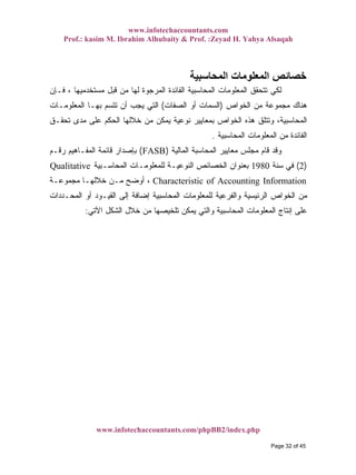 www.infotechaccountants.com
Prof.: kasim M. Ibrahim Alhubaity & Prof. :Zeyad H. Yahya Alsaqah
www.infotechaccountants.com/phpBB2/index.php
‫اﻟﻤﺤﺎﺳﺒﻴﺔ‬ ‫اﻟﻤﻌﻠﻮﻣﺎت‬ ‫ﺧﺼﺎﺋﺺ‬
‫ﻓـﺈﻥ‬ ، ‫ﻤﺴﺘﺨﺩﻤﻴﻬﺎ‬ ‫ﻗﺒل‬ ‫ﻤﻥ‬ ‫ﻟﻬﺎ‬ ‫ﺍﻟﻤﺭﺠﻭﺓ‬ ‫ﺍﻟﻔﺎﺌﺩﺓ‬ ‫ﺍﻟﻤﺤﺎﺴﺒﻴﺔ‬ ‫ﺍﻟﻤﻌﻠﻭﻤﺎﺕ‬ ‫ﺘﺘﺤﻘﻕ‬ ‫ﻟﻜﻲ‬
‫ﺍﻟﺨﻭﺍﺹ‬ ‫ﻤﻥ‬ ‫ﻤﺠﻤﻭﻋﺔ‬ ‫ﻫﻨﺎﻙ‬)‫ﺍﻟﺼﻔﺎﺕ‬ ‫ﺃﻭ‬ ‫ﺍﻟﺴﻤﺎﺕ‬(‫ﺍﻟﻤﻌﻠﻭﻤـﺎﺕ‬ ‫ﺒﻬـﺎ‬ ‫ﺘﺘﺴﻡ‬ ‫ﺃﻥ‬ ‫ﻴﺠﺏ‬ ‫ﺍﻟﺘﻲ‬
‫ﺍﻟﺨﻭﺍ‬ ‫ﻫﺫﻩ‬ ‫ﻭﺘﺘﻠﻕ‬ ،‫ﺍﻟﻤﺤﺎﺴﺒﻴﺔ‬‫ﺘﺤﻘـﻕ‬ ‫ﻤﺩﻯ‬ ‫ﻋﻠﻰ‬ ‫ﺍﻟﺤﻜﻡ‬ ‫ﺨﻼﻟﻬﺎ‬ ‫ﻤﻥ‬ ‫ﻴﻤﻜﻥ‬ ‫ﻨﻭﻋﻴﺔ‬ ‫ﺒﻤﻌﺎﻴﻴﺭ‬ ‫ﺹ‬
‫ﺍﻟﻤﺤﺎﺴﺒﻴﺔ‬ ‫ﺍﻟﻤﻌﻠﻭﻤﺎﺕ‬ ‫ﻤﻥ‬ ‫ﺍﻟﻔﺎﺌﺩﺓ‬.
‫ﺍﻟﻤﺎﻟﻴﺔ‬ ‫ﺍﻟﻤﺤﺎﺴﺒﺔ‬ ‫ﻤﻌﺎﻴﻴﺭ‬ ‫ﻤﺠﻠﺱ‬ ‫ﻗﺎﻡ‬ ‫ﻭﻗﺩ‬)FASB(‫ﺭﻗـﻡ‬ ‫ﺍﻟﻤﻔـﺎﻫﻴﻡ‬ ‫ﻗﺎﺌﻤﺔ‬ ‫ﺒﺈﺼﺩﺍﺭ‬
)2(‫ﺴﻨﺔ‬ ‫ﻓﻲ‬1980‫ﺍﻟﻤﺤﺎﺴـﺒﻴﺔ‬ ‫ﻟﻠﻤﻌﻠﻭﻤـﺎﺕ‬ ‫ﺍﻟﻨﻭﻋﻴـﺔ‬ ‫ﺍﻟﺨﺼﺎﺌﺹ‬ ‫ﺒﻌﻨﻭﺍﻥ‬Qualitative
Characteristic of Accounting Information‫ﻤﺠﻤﻭﻋـﺔ‬ ‫ﺨﻼﻟﻬـﺎ‬ ‫ﻤـﻥ‬ ‫ﺃﻭﻀﺢ‬ ،
‫ﺍﻟﻤﺤـﺩﺩﺍﺕ‬ ‫ﺃﻭ‬ ‫ﺍﻟﻘﻴـﻭﺩ‬ ‫ﺇﻟﻰ‬ ‫ﺇﻀﺎﻓﺔ‬ ‫ﺍﻟﻤﺤﺎﺴﺒﻴﺔ‬ ‫ﻟﻠﻤﻌﻠﻭﻤﺎﺕ‬ ‫ﻭﺍﻟﻔﺭﻋﻴﺔ‬ ‫ﺍﻟﺭﺌﻴﺴﻴﺔ‬ ‫ﺍﻟﺨﻭﺍﺹ‬ ‫ﻤﻥ‬
‫ﺍﻵﺘﻲ‬ ‫ﺍﻟﺸﻜل‬ ‫ﺨﻼل‬ ‫ﻤﻥ‬ ‫ﺘﻠﺨﻴﺼﻬﺎ‬ ‫ﻴﻤﻜﻥ‬ ‫ﻭﺍﻟﺘﻲ‬ ‫ﺍﻟﻤﺤﺎﺴﺒﻴﺔ‬ ‫ﺍﻟﻤﻌﻠﻭﻤﺎﺕ‬ ‫ﺇﻨﺘﺎﺝ‬ ‫ﻋﻠﻰ‬:
Page 32 of 45
 