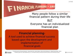 © Family Economics & Financial Education – Revised April 2011 –Values, Needs vs. Wants, & Goal Setting Unit – Setting Financial Goals – Slide 3
Funded by a grant from Take Charge America, Inc. to the Norton School of Family and Consumer Sciences at the University of Arizona
1.17.3.G1
Financial planning-
A tool used to achieve financial success
based upon the development and
implementation of
financial goals
Many people follow a similar
financial pattern during their life
BUT
Everyone has an individualized
financial plan
 