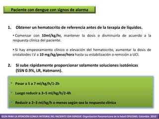 Paciente con dengue con signos de alarma
1. Obtener un hematocrito de referencia antes de la terapia de líquidos.
2. Si sube rápidamente proporcionar solamente soluciones isotónicas
(SSN 0.9%, LR, Hatmann).
 Pasar a 5 a 7 ml/kg/h/1-2h
 Luego reducir a 3–5 ml/kg/h/2-4h
 Reducir a 2–3 ml/kg/h o menos según sea la respuesta clínica
• Comenzar con 10ml/kg/hr, mantener la dosis o disminuirla de acuerdo a la
respuesta clínica del paciente.
• Si hay empeoramiento clínico o elevación del hematocrito, aumentar la dosis de
cristaloides I.V a 10 mg/kg/peso/hora hasta su estabilización o remisión a UCI.
GUÍA PARA LA ATENCIÓN CLÍNICA INTEGRAL DEL PACIENTE CON DENGUE. Organización Panamericana de la Salud OPS/OMS. Colombia. 2010
 