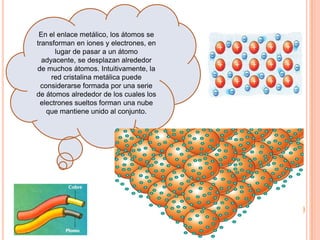 En el enlace metálico, los átomos se
transforman en iones y electrones, en
lugar de pasar a un átomo
adyacente, se desplazan alrededor
de muchos átomos. Intuitivamente, la
red cristalina metálica puede
considerarse formada por una serie
de átomos alrededor de los cuales los
electrones sueltos forman una nube
que mantiene unido al conjunto.
 