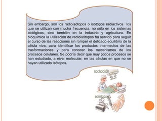 Sin embargo, son los radioisótopos o isótopos radiactivos los
que se utilizan con mucha frecuencia, no sólo en los sistemas
biológicos, sino también en la industria y agricultura. En
bioquímica la utilización de radioisótopos ha servido para seguir
el curso de las reacciones sin romper el delicado equilibrio de la
célula viva, para identificar los productos intermedios de las
trasformaciones y para conocer los mecanismos de los
procesos celulares. Se podría decir que muy pocos procesos se
han estudiado, a nivel molecular, en las células en que no se
hayan utilizado isótopos.
 