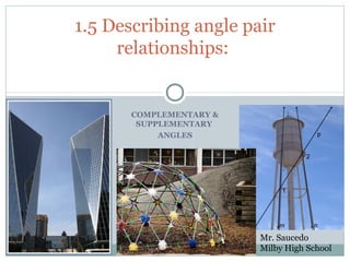 COMPLEMENTARY &
SUPPLEMENTARY
ANGLES
1.5 Describing angle pair
relationships:
Mr. Saucedo
Milby High School
 