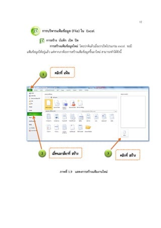 12
การบริหารแฟมขอมูล (File) ใน Excel
การสราง บันทึก เปด ปด
การสรางแฟมขอมูลใหม โดยปกติแลวเมื่อเราเปดโปรแกรม excel จะมี
แฟมขอมูลใหอยูแลว แตหากเราตองการสรางแฟมขอมูลขึ้นมาใหม สามารถทําไดดังนี้
ภาพที่ 1.9 แสดงการสรางแฟมงานใหม
1
2 3 ¤ÅÔ¡·Õè ÊÃŒÒ§
¤ÅÔ¡·Õè á¿‡Á
àÅ×èÍ¹àÁÒÊÁÒ·Õè ÊÃŒÒ§
 