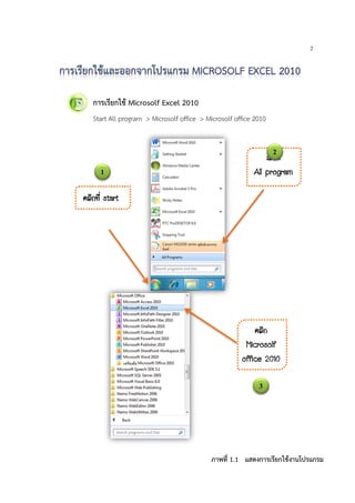 2
การเรียกใช Microsolf Excel 2010
Start All program > Microsolf office > Microsolf office 2010
¤ÅÔ¡·Õè start
àÅ×Í¡
All program
¤ÅÔ¡
Microsolf
office 2010
ภาพที่ 1.1 แสดงการเรียกใชงานโปรแกรม
3
1
2
 