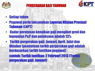 PERGERAKAN GAJI TAHUNAN
• Setiap tahun
• Pegawai perlu laksanakan Laporan Nilaian Prestasi
Tahunan (LNPT)
• Kadar peratusan kenaikan gaji mengikut gred dan
kumpulan P&P dan pelaksana adalah 13%
• Tarikh pergerakan gaji: Januari, April, Julai dan
Oktober (penentuan tarikh pergerakan gaji adalah
berdasarkan tarikh lantikan pegawai)
contoh: Tarikh lantikan: 2 Februari 2013 (Tarikh
pergerakan gaji: Januari)
 