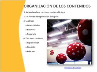 ORGANIZACIÓN DE LOS CONTENIDOS
1. La teoría celular y su importancia en Biología
2. Los niveles de organización biológicos
3. La célula:
o Generalidades
o Eucariota
o Procariota
4. Funciones celulares:
o Reproducción
o Nutrición
o Relación
Procedencia de la imagen
 