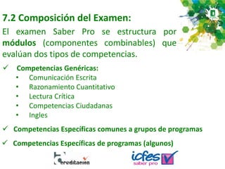 7.2 Composición del Examen:
El examen Saber Pro se estructura por
módulos (componentes combinables) que
evalúan dos tipos de competencias.
 Competencias Genéricas:
• Comunicación Escrita
• Razonamiento Cuantitativo
• Lectura Crítica
• Competencias Ciudadanas
• Ingles
 Competencias Específicas comunes a grupos de programas
 Competencias Específicas de programas (algunos)
 