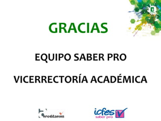 GRACIAS
VICERRECTORÍA ACADÉMICA
EQUIPO SABER PRO
 