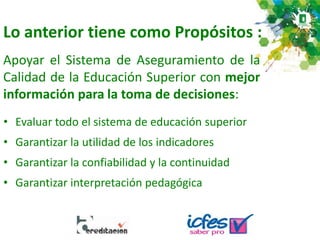 Apoyar el Sistema de Aseguramiento de la
Calidad de la Educación Superior con mejor
información para la toma de decisiones:
Lo anterior tiene como Propósitos :
• Evaluar todo el sistema de educación superior
• Garantizar la utilidad de los indicadores
• Garantizar la confiabilidad y la continuidad
• Garantizar interpretación pedagógica
 