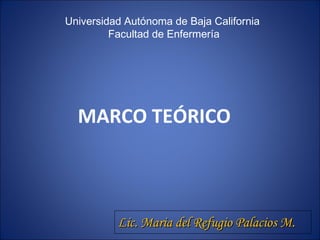 Universidad Autónoma de Baja California
Facultad de Enfermería
MARCO TEÓRICO
Lic. Maria del Refugio Palacios M.Lic. Maria del Refugio Palacios M.
 