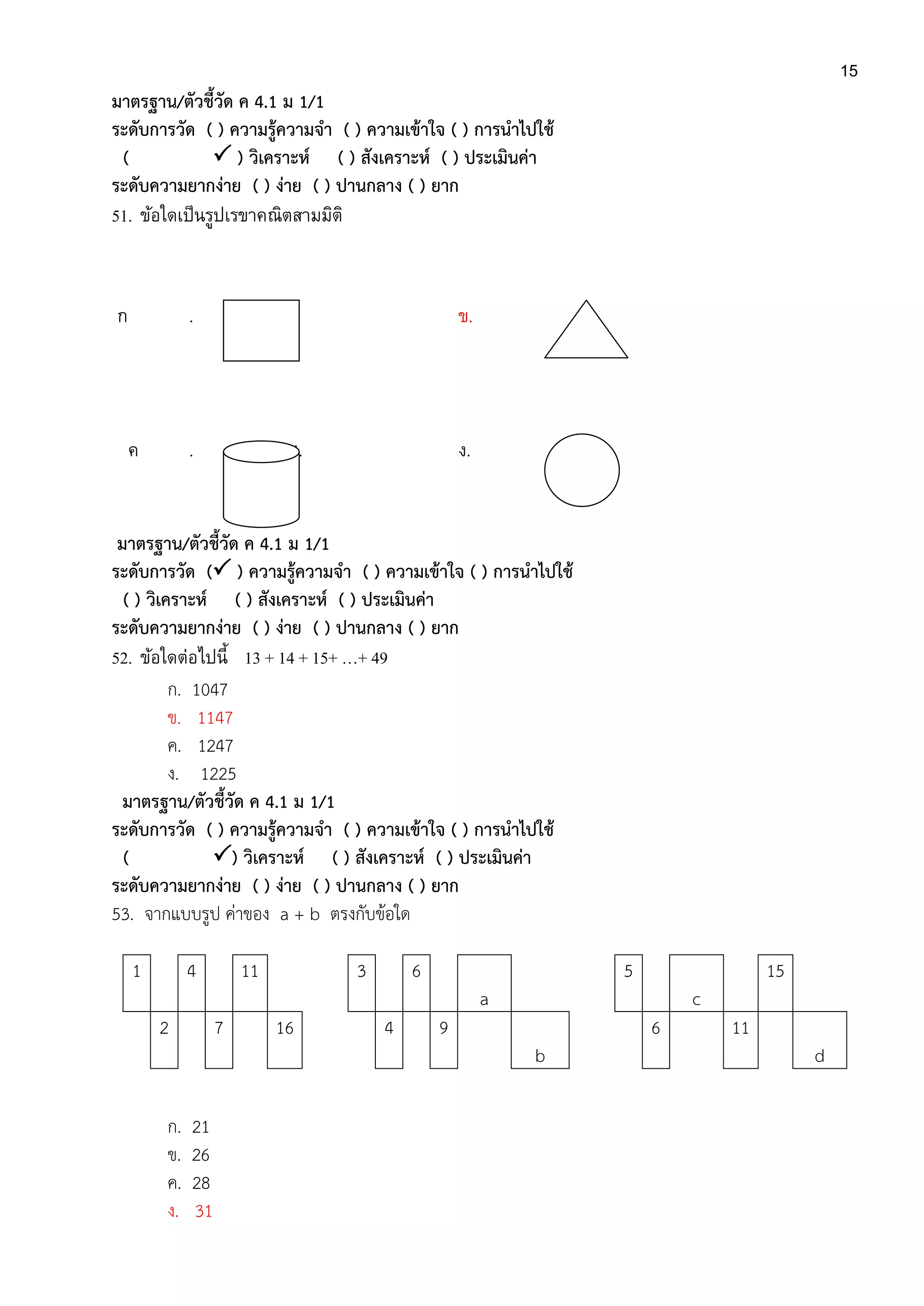 15
มาตรฐาน/ตัวชี้วัด ค 4.1 ม 1/1
ระดับการวัด ( ) ความรู้ความจา ( ) ความเข้าใจ ( ) การนาไปใช้
(  ) วิเคราะห์ ( ) สังเคราะห์ ( ) ประเมินค่า
ระดับความยากง่าย ( ) ง่าย ( ) ปานกลาง ( ) ยาก
51. ข้อใดเป็นรูปเรขาคณิตสามมิติ
ก . ข.
ค . 4. ง.
มาตรฐาน/ตัวชี้วัด ค 4.1 ม 1/1
ระดับการวัด ( ) ความรู้ความจา ( ) ความเข้าใจ ( ) การนาไปใช้
( ) วิเคราะห์ ( ) สังเคราะห์ ( ) ประเมินค่า
ระดับความยากง่าย ( ) ง่าย ( ) ปานกลาง ( ) ยาก
52. ข้อใดต่อไปนี้ 13 + 14 + 15+ …+ 49
ก. 1047
ข. 1147
ค. 1247
ง. 1225
มาตรฐาน/ตัวชี้วัด ค 4.1 ม 1/1
ระดับการวัด ( ) ความรู้ความจา ( ) ความเข้าใจ ( ) การนาไปใช้
( ) วิเคราะห์ ( ) สังเคราะห์ ( ) ประเมินค่า
ระดับความยากง่าย ( ) ง่าย ( ) ปานกลาง ( ) ยาก
53. จากแบบรูป ค่าของ a + b ตรงกับข้อใด
1 4 11 3 6
a
5
c
15
2 7 16 4 9
b
6 11
d
ก. 21
ข. 26
ค. 28
ง. 31
 