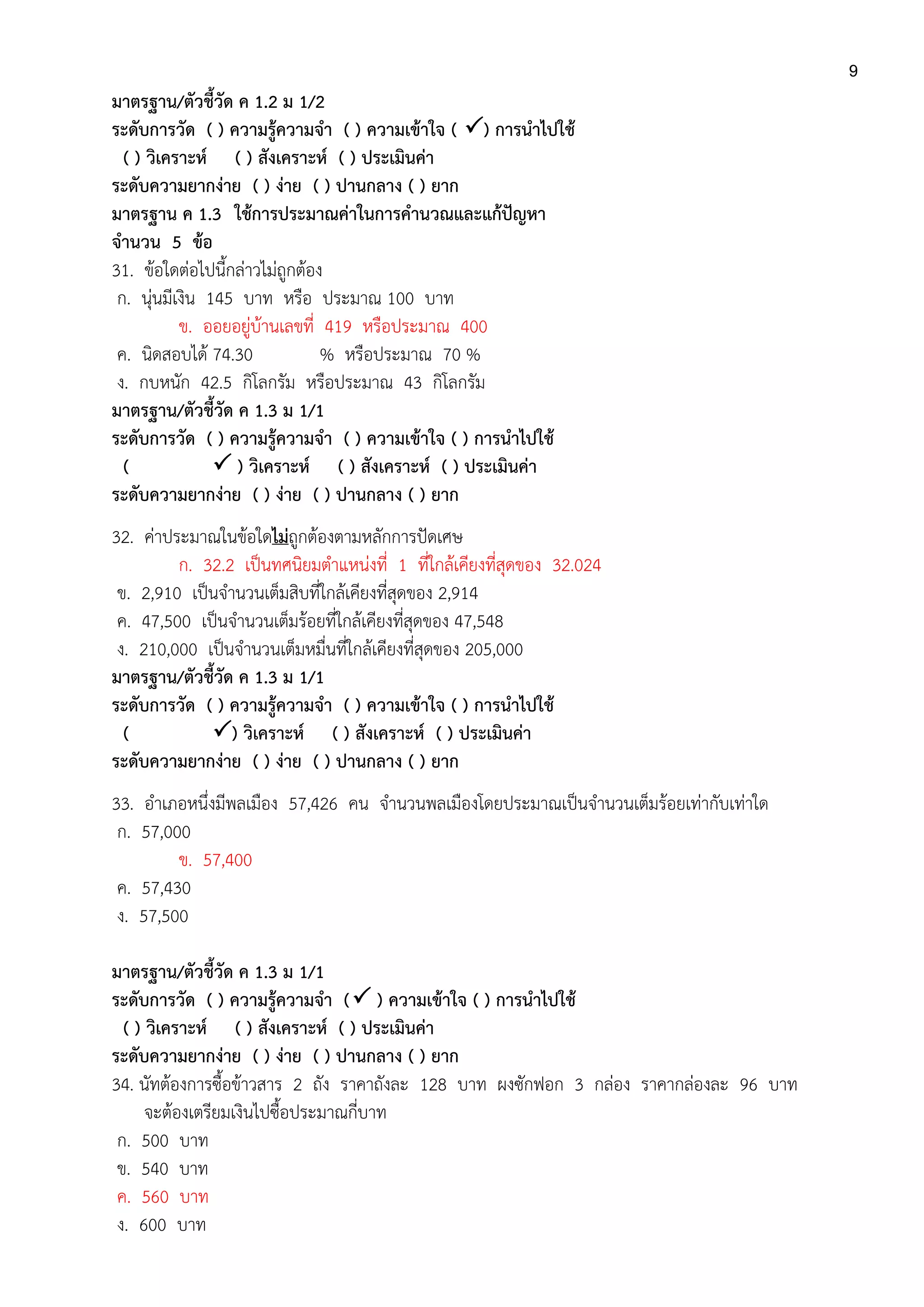 9
มาตรฐาน/ตัวชี้วัด ค 1.2 ม 1/2
ระดับการวัด ( ) ความรู้ความจา ( ) ความเข้าใจ ( ) การนาไปใช้
( ) วิเคราะห์ ( ) สังเคราะห์ ( ) ประเมินค่า
ระดับความยากง่าย ( ) ง่าย ( ) ปานกลาง ( ) ยาก
มาตรฐาน ค 1.3 ใช้การประมาณค่าในการคานวณและแก้ปัญหา
จานวน 5 ข้อ
31. ข้อใดต่อไปนี้กล่าวไม่ถูกต้อง
ก. นุ่นมีเงิน 145 บาท หรือ ประมาณ 100 บาท
ข. ออยอยู่บ้านเลขที่ 419 หรือประมาณ 400
ค. นิดสอบได้ 74.30 % หรือประมาณ 70 %
ง. กบหนัก 42.5 กิโลกรัม หรือประมาณ 43 กิโลกรัม
มาตรฐาน/ตัวชี้วัด ค 1.3 ม 1/1
ระดับการวัด ( ) ความรู้ความจา ( ) ความเข้าใจ ( ) การนาไปใช้
(  ) วิเคราะห์ ( ) สังเคราะห์ ( ) ประเมินค่า
ระดับความยากง่าย ( ) ง่าย ( ) ปานกลาง ( ) ยาก
32. ค่าประมาณในข้อใดไม่ถูกต้องตามหลักการปัดเศษ
ก. 32.2 เป็นทศนิยมตาแหน่งที่ 1 ที่ใกล้เคียงที่สุดของ 32.024
ข. 2,910 เป็นจานวนเต็มสิบที่ใกล้เคียงที่สุดของ 2,914
ค. 47,500 เป็นจานวนเต็มร้อยที่ใกล้เคียงที่สุดของ 47,548
ง. 210,000 เป็นจานวนเต็มหมื่นที่ใกล้เคียงที่สุดของ 205,000
มาตรฐาน/ตัวชี้วัด ค 1.3 ม 1/1
ระดับการวัด ( ) ความรู้ความจา ( ) ความเข้าใจ ( ) การนาไปใช้
( ) วิเคราะห์ ( ) สังเคราะห์ ( ) ประเมินค่า
ระดับความยากง่าย ( ) ง่าย ( ) ปานกลาง ( ) ยาก
33. อาเภอหนึ่งมีพลเมือง 57,426 คน จานวนพลเมืองโดยประมาณเป็นจานวนเต็มร้อยเท่ากับเท่าใด
ก. 57,000
ข. 57,400
ค. 57,430
ง. 57,500
มาตรฐาน/ตัวชี้วัด ค 1.3 ม 1/1
ระดับการวัด ( ) ความรู้ความจา ( ) ความเข้าใจ ( ) การนาไปใช้
( ) วิเคราะห์ ( ) สังเคราะห์ ( ) ประเมินค่า
ระดับความยากง่าย ( ) ง่าย ( ) ปานกลาง ( ) ยาก
34. นัทต้องการซื้อข้าวสาร 2 ถัง ราคาถังละ 128 บาท ผงซักฟอก 3 กล่อง ราคากล่องละ 96 บาท
จะต้องเตรียมเงินไปซื้อประมาณกี่บาท
ก. 500 บาท
ข. 540 บาท
ค. 560 บาท
ง. 600 บาท
 