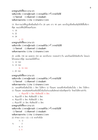 6
มาตรฐาน/ตัวชี้วัด ค 1.4 ม 1/1
ระดับการวัด ( ) ความรู้ความจา ( ) ความเข้าใจ ( ) การนาไปใช้
( ) วิเคราะห์ ( ) สังเคราะห์ ( ) ประเมินค่า
ระดับความยากง่าย ( ) ง่าย ( ) ปานกลาง ( ) ยาก
19. ต้องการแบ่งที่ดินรูปสี่เหลี่ยมผืนผ้ากว้าง 28 เมตร ยาว 44 เมตร ออกเป็นรูปสี่เหลี่ยมจัตุรัสให้มีพื้นที่มาก
ที่สุด จะแบ่งที่ดินได้ทั้งหมดกี่แปลง
ก. 18
ข. 22
ค. 34
ง. 77
มาตรฐาน/ตัวชี้วัด ค 1.4 ม 1/1
ระดับการวัด ( ) ความรู้ความจา ( ) ความเข้าใจ (  ) การนาไปใช้
( ) วิเคราะห์ ( ) สังเคราะห์ ( ) ประเมินค่า
ระดับความยากง่าย ( ) ง่าย ( ) ปานกลาง ( ) ยาก
20. แบ่งส้ม 196 ผล มะละกอ 252 ผล ออกเป็นกอง กองละเท่าๆ กัน และเป็นผลไม้ชนิดเดียวกัน โดยแบ่ง
ได้กองละมากที่สุด จะแบ่งผลไม้ได้กี่กอง
ก. 12 กอง
ข. 14 กอง
ค. 16 กอง
ง. 24 กอง
มาตรฐาน/ตัวชี้วัด ค 1.4 ม 1/1
ระดับการวัด ( ) ความรู้ความจา ( ) ความเข้าใจ ( ) การนาไปใช้
( ) วิเคราะห์ ( ) สังเคราะห์ ( ) ประเมินค่า
ระดับความยากง่าย ( ) ง่าย ( ) ปานกลาง ( ) ยาก
21. รถยนต์คันหนึ่งเติมน้ามัน 1 ลิตร วิ่งได้ทาง 12 กิโลเมตร รถยนต์อีกคันหนึ่งเติมน้ามัน 1 ลิตร วิ่งได้ทาง
15 กิโลเมตร รถยนต์แต่ละคันจะต้องใช้น้ามันเป็นจานวนเต็มลิตรอย่างน้อยที่สุดเท่าไร จึงจะวิ่งได้ทางเท่ากัน
ก. คันแรกใช้ 5 ลิตร คันที่สองใช้ 4 ลิตร
ข. คันแรกใช้ 4 ลิตร คันที่สองใช้ 5 ลิตร
ค. คันแรกใช้ 6 ลิตร คันที่สองใช้ 5 ลิตร
ง. คันแรกใช้ 10 ลิตร คันที่สองใช้ 6 ลิตร
มาตรฐาน/ตัวชี้วัด ค 1.4 ม 1/1
ระดับการวัด ( ) ความรู้ความจา ( ) ความเข้าใจ ( ) การนาไปใช้
( ) วิเคราะห์ ( ) สังเคราะห์ ( ) ประเมินค่า
ระดับความยากง่าย ( ) ง่าย ( ) ปานกลาง ( ) ยาก
22 ค่าของ [(-6) + 12] – (-3) ตรงกับข้อใด
ก. -3
ข. 3
ค. 6
ง. 9
 