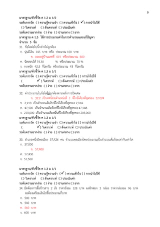 9
มาตรฐาน/ตัวชี้วัด ค 1.2 ม 1/2
ระดับการวัด ( ) ความรู้ความจา ( ) ความเข้าใจ ( ) การนาไปใช้
( ) วิเคราะห์ ( ) สังเคราะห์ ( ) ประเมินค่า
ระดับความยากง่าย ( ) ง่าย ( ) ปานกลาง ( ) ยาก
มาตรฐาน ค 1.3 ใช้การประมาณค่าในการคานวณและแก้ปัญหา
จานวน 5 ข้อ
31. ข้อใดต่อไปนี้กล่าวไม่ถูกต้อง
ก. นุ่นมีเงิน 145 บาท หรือ ประมาณ 100 บาท
ข. ออยอยู่บ้านเลขที่ 419 หรือประมาณ 400
ค. นิดสอบได้ 74.30 % หรือประมาณ 70 %
ง. กบหนัก 42.5 กิโลกรัม หรือประมาณ 43 กิโลกรัม
มาตรฐาน/ตัวชี้วัด ค 1.3 ม 1/1
ระดับการวัด ( ) ความรู้ความจา ( ) ความเข้าใจ ( ) การนาไปใช้
(  ) วิเคราะห์ ( ) สังเคราะห์ ( ) ประเมินค่า
ระดับความยากง่าย ( ) ง่าย ( ) ปานกลาง ( ) ยาก
32. ค่าประมาณในข้อใดไม่ถูกต้องตามหลักการปัดเศษ
ก. 32.2 เป็นทศนิยมตาแหน่งที่ 1 ที่ใกล้เคียงที่สุดของ 32.024
ข. 2,910 เป็นจานวนเต็มสิบที่ใกล้เคียงที่สุดของ 2,914
ค. 47,500 เป็นจานวนเต็มร้อยที่ใกล้เคียงที่สุดของ 47,548
ง. 210,000 เป็นจานวนเต็มหมื่นที่ใกล้เคียงที่สุดของ 205,000
มาตรฐาน/ตัวชี้วัด ค 1.3 ม 1/1
ระดับการวัด ( ) ความรู้ความจา ( ) ความเข้าใจ ( ) การนาไปใช้
( ) วิเคราะห์ ( ) สังเคราะห์ ( ) ประเมินค่า
ระดับความยากง่าย ( ) ง่าย ( ) ปานกลาง ( ) ยาก
33. อาเภอหนึ่งมีพลเมือง 57,426 คน จานวนพลเมืองโดยประมาณเป็นจานวนเต็มร้อยเท่ากับเท่าใด
ก. 57,000
ข. 57,400
ค. 57,430
ง. 57,500
มาตรฐาน/ตัวชี้วัด ค 1.3 ม 1/1
ระดับการวัด ( ) ความรู้ความจา ( ) ความเข้าใจ ( ) การนาไปใช้
( ) วิเคราะห์ ( ) สังเคราะห์ ( ) ประเมินค่า
ระดับความยากง่าย ( ) ง่าย ( ) ปานกลาง ( ) ยาก
34. นัทต้องการซื้อข้าวสาร 2 ถัง ราคาถังละ 128 บาท ผงซักฟอก 3 กล่อง ราคากล่องละ 96 บาท
จะต้องเตรียมเงินไปซื้อประมาณกี่บาท
ก. 500 บาท
ข. 540 บาท
ค. 560 บาท
ง. 600 บาท
 