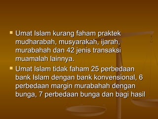  Umat Islam kurang faham praktekUmat Islam kurang faham praktek
mudharabah, musyarakah, ijarah,mudharabah, musyarakah, ijarah,
murabahah dan 42 jenis transaksimurabahah dan 42 jenis transaksi
muamalah lainnya.muamalah lainnya.
 Umat Islam tidak faham 25 perbedaanUmat Islam tidak faham 25 perbedaan
bank Islam dengan bank konvensional, 6bank Islam dengan bank konvensional, 6
perbedaan margin murabahah denganperbedaan margin murabahah dengan
bunga, 7 perbedaan bunga dan bagi hasilbunga, 7 perbedaan bunga dan bagi hasil
 