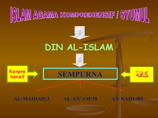 DIN AL-ISLAM
SEMPURNA
AL-MAIDAH:3 AL-AN’AM:38 AN-NAHL:89
‫كافة‬
Konpre
hensif
 