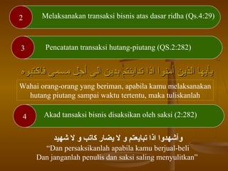 Melaksanakan transaksi atas dasar suka rela/ridha (4:29)2 Melaksanakan transaksi bisnis atas dasar ridha (Qs.4:29)
4
3 Pencatatan transaksi hutang-piutang (QS.2:282)
Akad tansaksi bisnis disaksikan oleh saksi (2:282)
‫وأشهدواش اذاش تبايعتمش وش لش يضارش كاتبش وش لش شهيد‬
“Dan persaksikanlah apabila kamu berjual-beli
Dan janganlah penulis dan saksi saling menyulitkan”
‫فراكتباوه‬ ‫مسمى‬ ‫أجل‬ ‫الى‬ ‫بدني ن‬ ‫ُكنتم‬‫ني‬‫تدا‬ ‫اذا‬ ‫ُكناوا‬‫م‬‫أ‬ ‫الذني ن‬ ‫نيأنيهرا‬‫فراكتباوه‬ ‫مسمى‬ ‫أجل‬ ‫الى‬ ‫بدني ن‬ ‫ُكنتم‬‫ني‬‫تدا‬ ‫اذا‬ ‫ُكناوا‬‫م‬‫أ‬ ‫الذني ن‬ ‫نيأنيهرا‬
Wahai orang-orang yang beriman, apabila kamu melaksanakan
hutang piutang sampai waktu tertentu, maka tuliskanlah
 