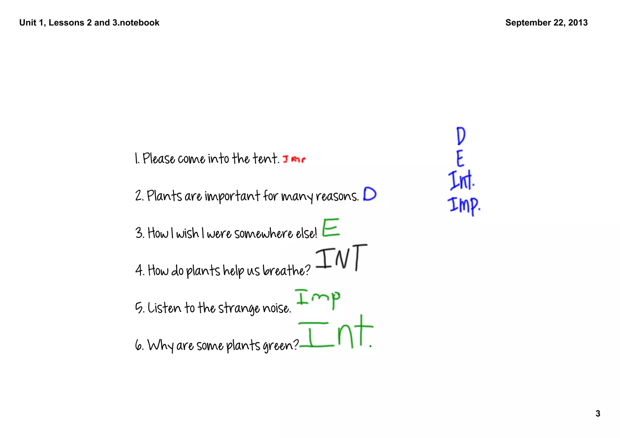 Unit 1, Lessons 2 and 3.notebook
3
September 22, 2013
1. Please come into the tent.
2. Plants are important for many reasons.
3. How I wish I were somewhere else!
4. How do plants help us breathe?
5. Listen to the strange noise.
6. Why are some plants green?