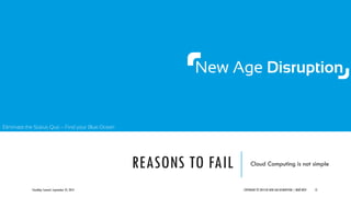 Eliminate the Status Quo – Find your Blue Ocean
REASONS TO FAIL Cloud Computing is not simple
CloudOps Summit, September 25, 2013 COPYRIGHT © 2013 BY NEW AGE DISRUPTION | RENÉ BÜST 12
 