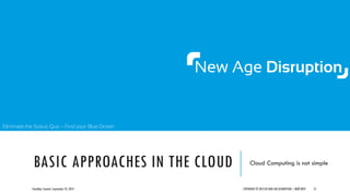 Eliminate the Status Quo – Find your Blue Ocean
BASIC APPROACHES IN THE CLOUD Cloud Computing is not simple
CloudOps Summit, September 25, 2013 COPYRIGHT © 2013 BY NEW AGE DISRUPTION | RENÉ BÜST 21
 
