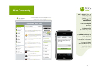 4.177 Advisors rated by
community users
1.735 Suggested
improvements
2.528 rated finance
products
3.934 saving tips
by community users
5,3 replies on average on
money questions
5 user act as moderators
Anonymous Asset
Allocation Comparison
… and much more.
4.177 Advisors rated by
community users
1.735 Suggested
improvements
2.528 rated finance
products
3.934 saving tips
by community users
5,3 replies on average on
money questions
5 user act as moderators
Anonymous Asset
Allocation Comparison
… and much more.
12
Fidor Community
 