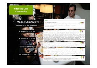 26.09.2013 14
WIE?
Unternehmensname Claim
„Die Fidor Bank ist ein vertrauensvoller Partner für das Senden und
Aufbewahren digitaler Assets.“
„fidor“ = Lateinische Form des Verbs fidere
„Mir wird getraut…“
„Banking mit Freunden“
Das gegenseitige Vertrauen steht im Mittelpunkt unserer Positionierung
Vision
Question: 09:14 pm via iPhone
1. Answer: 09.22.07 pm
2. Answer: 09.22.59 pm
3. Answer: 09.46.40 pm
10. Answer: 00:21:11 am
Mobile Community
Fidor Use Case
Community
26.09.2013 14
 