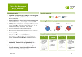 Company Description Overview Fidor Group
Fidor Bank AG is a fully licensed web 2.0 bank (since 5/2009) regulated by
the German Banking Authority BaFin holding a “European Passport” and
operative since 1/2010.
Headquartered in Munich/ Germany with currently 32 employees. Unique
combination of experience in web-banking, risk management and IT.
100% Online/Direct Banking Concept, delivering specific financial services
solutions addressing the mayor internet-based market drivers: web 2.0,
social media, e-commerce, online-gaming, mobile internet.
Delivering cost- and service-leadership within its markets.
Offering a unique, customer centric combination of services: Community,
Payment & Banking.
Tailor-made offerings for B-to-B and B-to-C customers.
Partner Business drives growth. Started international Expansion via
franchise- or whitelabel-partners. B-to-B key-customers successfully
acquired.
FidorPay Account: Combining the digital ecosystem with traditional
banking services: integration of third party banking services such as
virtual currencies, peer-to-peer money transfer or crowd-financing.
Operating infrastructure : proprietary technology platform ‘F2’
guarantees high scalability, standardized interfaces/APIs allowing for
more convenient and enhanced banking experience.
Fidor Pay
Account
Banking
Fidor Prepaid
MasterCard
Corporate
Services
Saving Certificates
Lending
FX Exchange
Precious Metal
Crowd Finance
Peer to Peer
No top-up; Account
Balance only
Internet Shopping
Insurance
Co-branding or Co-
issuing for
Corporate Clients
Combining Wallet
and Cash Account
Open-platform
architecture
Rapidly expanding
offerings from third
parties and Fidor
Bank, e.g. virtual
currencies
White-label
Corporate Wallet
Payment against
Installment
Payment against
Invoice
APIs to Accounting
Software
Combining B-t-C & B-t-B Business
b-t-c;
95%
b-t-b;
5%
Deposits
b-t-c;
20%
b-t-b-
t-c;
80%
Lending
b-t-c;
25%
b-t-b;
75%
Commission
Selected Products and Services
Executive Summary
Fidor Bank AG
326.09.2013
 