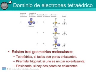 © 2009 Prentice-Hall Inc. Todos los derechos reservados.
Geometría
molecular y
teorías de
enlace
Dominio de electrones tetraédrico
• Existen tres geometrías moleculares:
– Tetraédrica, si todos son pares enlazantes,
– Piramidal trigonal, si uno es un par no enlazante,
– Flexionada, si hay dos pares no enlazantes.
 