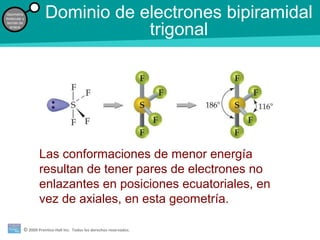 © 2009 Prentice-Hall Inc. Todos los derechos reservados.
Geometría
molecular y
teorías de
enlace
Dominio de electrones bipiramidal
trigonal
Las conformaciones de menor energía
resultan de tener pares de electrones no
enlazantes en posiciones ecuatoriales, en
vez de axiales, en esta geometría.
 