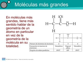 © 2009 Prentice-Hall Inc. Todos los derechos reservados.
Geometría
molecular y
teorías de
enlace
Moléculas más grandes
En moléculas más
grandes, tiene más
sentido hablar de la
geometría de un
átomo en particular
en vez de la
geometría de la
molécula en su
totalidad.
 