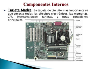  Tarjeta Madre: La tarjeta de circuito mas importante ya
que conecta todos los circuitos electrónicos, las memorias,
CPU (microprocesador), tarjetas, y otras conexiones
principales.
 