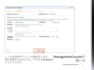20
Copyright Yukiko Kato 2013
ここでは追加オプションの設定をします。
特に変更はしませんので、そのままContinueを
クリックします。
 