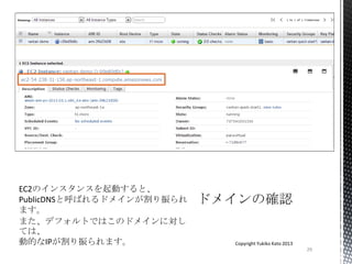 29
Copyright Yukiko Kato 2013
EC2のインスタンスを起動すると、
PublicDNSと呼ばれるドメインが割り振られ
ます。
また、デフォルトではこのドメインに対し
ては、
動的なIPが割り振られます。
 