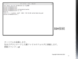 30
Copyright Yukiko Kato 2013
ターミナルを起動します。
先ほどダウンロードした鍵ファイルのフォルダに移動します。
移動コマンド：cd
 