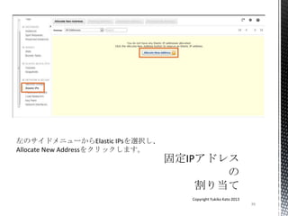 39
Copyright Yukiko Kato 2013
左のサイドメニューからElastic IPsを選択し、
Allocate New Addressをクリックします。
 
