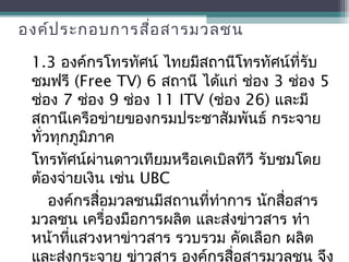 องค์ประกอบการสื่อสารมวลชน
1.3 องค์กรโทรทัศน์ ไทยมีสถานีโทรทัศน์ที่รับ
ชมฟรี (Free TV) 6 สถานี ได้แก่ ช่อง 3 ช่อง 5
ช่อง 7 ช่อง 9 ช่อง 11 ITV (ช่อง 26) และมี
สถานีเครือข่ายของกรมประชาสัมพันธ์ กระจาย
ทั่วทุกภูมิภาค
โทรทัศน์ผ่านดาวเทียมหรือเคเบิลทีวี รับชมโดย
ต้องจ่ายเงิน เช่น UBC
องค์กรสื่อมวลชนมีสถานที่ทำาการ นักสื่อสาร
มวลชน เครื่องมือการผลิต และส่งข่าวสาร ทำา
หน้าที่แสวงหาข่าวสาร รวบรวม คัดเลือก ผลิต
และส่งกระจาย ข่าวสาร องค์กรสื่อสารมวลชน จึง
 