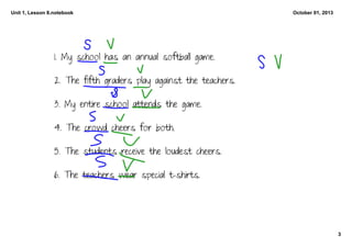 Unit 1, Lesson 8.notebook
3
October 01, 2013
1. My school has an annual softball game. 
2. The fifth graders play against the teachers. 
3. My entire school attends the game. 
4. The crowd cheers for both. 
5. The students receive the loudest cheers. 
6. The teachers wear special t-shirts. 
 