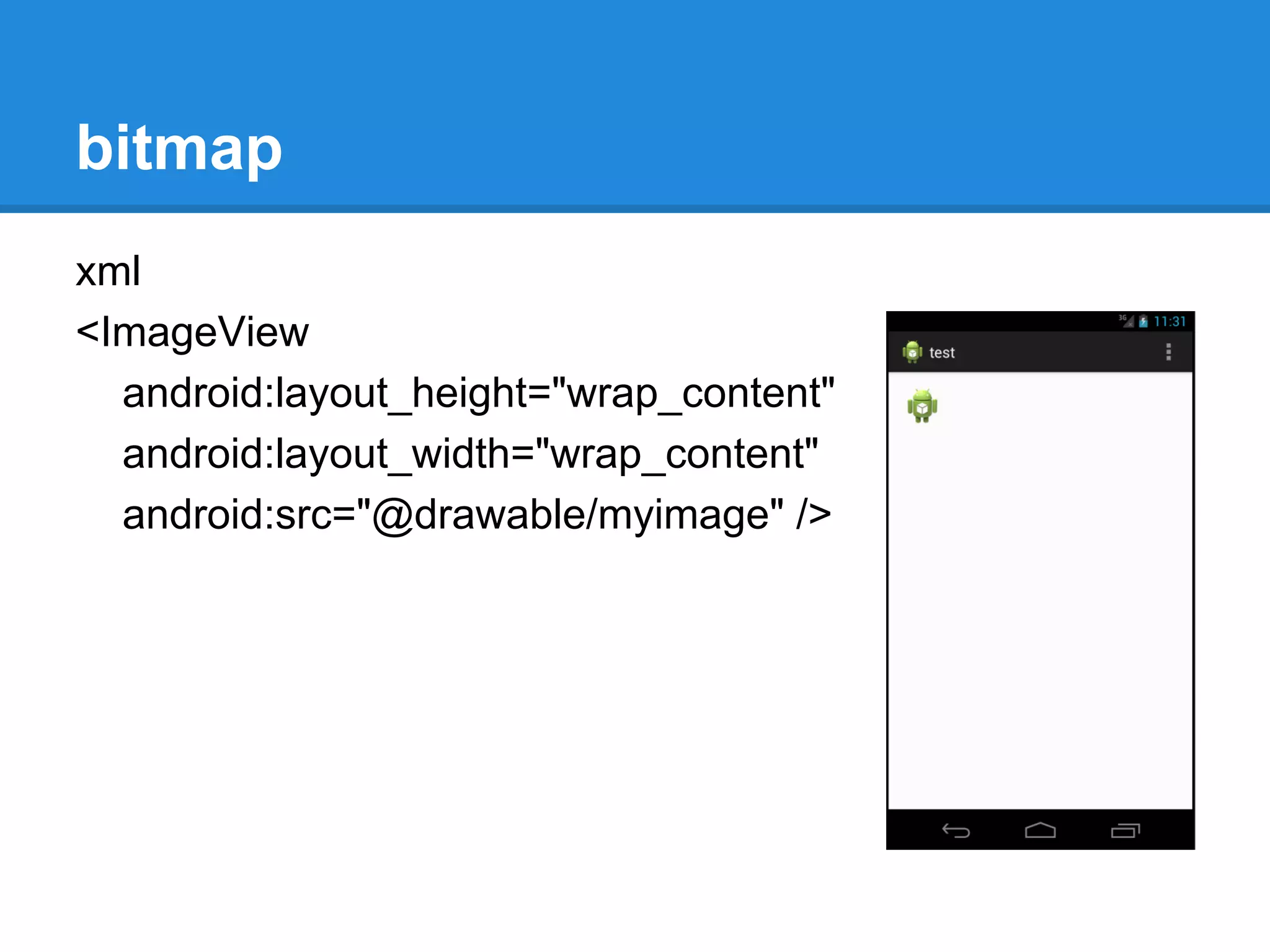 bitmap
xml
<ImageView
android:layout_height="wrap_content"
android:layout_width="wrap_content"
android:src="@drawable/myimage" />
 
