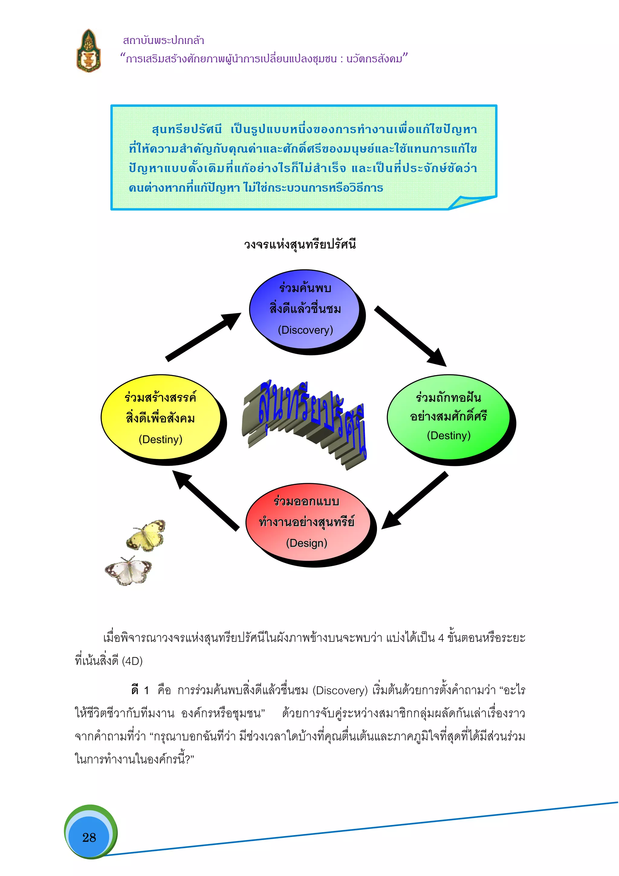  28
สถาบันพระปกเกลา
“การเสริมสรางศักยภาพผูนําการเปลี่ยนแปลงชุมชน : นวัตกรสังคม” 
วงจรแหงสุนทรียปรัศนี
เมื่อพิจารณาวงจรแหงสุนทรียปรัศนีในผังภาพขางบนจะพบวา แบงไดเปน 4 ขั้นตอนหรือระยะ
ที่เนนสิ่งดี (4D)
ดี 1 คือ การรวมคนพบสิ่งดีแลวชื่นชม (Discovery) เริ่มตนดวยการตั้งคําถามวา “อะไร
ใหชีวิตชีวากับทีมงาน องคกรหรือชุมชน” ดวยการจับคูระหวางสมาชิกกลุมผลัดกันเลาเรื่องราว
จากคําถามที่วา “กรุณาบอกฉันทีวา มีชวงเวลาใดบางที่คุณตื่นเตนและภาคภูมิใจที่สุดที่ไดมีสวนรวม
ในการทํางานในองคกรนี้?”
รวมออกแบบรวมออกแบบ
ทํางานอยางสุนทรียทํางานอยางสุนทรีย
((DDeessiiggnn))
รวมคนพบ
สิ่งดีแลวชื่นชม
(Discovery)
รวมถักทอฝน
อยางสมศักดิ์ศรี
(Destiny)
 
รวมสรางสรรค
สิ่งดีเพื่อสังคม
(Destiny)
สุนทรียปรัศนี เปนรูปแบบหนึ่งของการทํางานเพื่อแกไขปญหา
ที่ใหความสําคัญกับคุณคาและศักดิ์ศรีของมนุษยและใชแทนการแกไข
ปญหาแบบดั้งเดิมที่แกอยางไรก็ไมสําเร็จ และเปนที่ประจักษชัดวา
คนตางหากที่แกปญหา ไมใชกระบวนการหรือวิธีการ
 