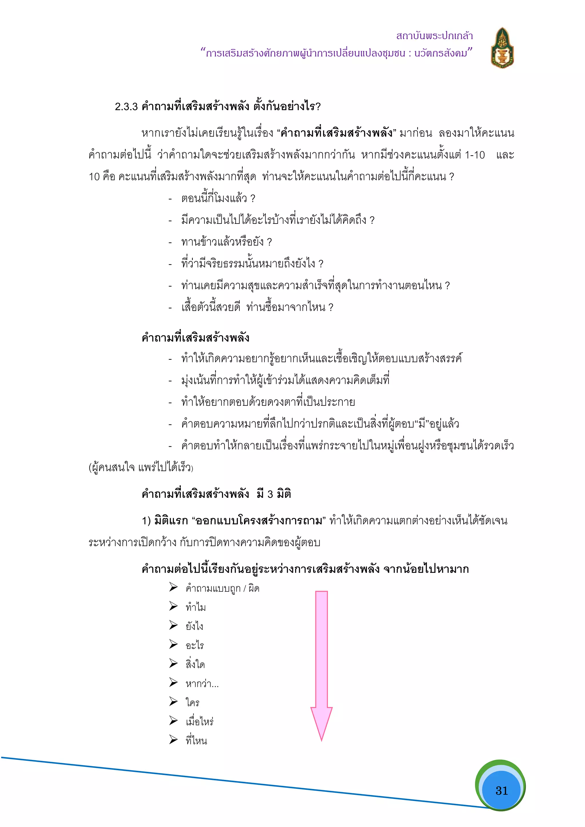   31
สถาบันพระปกเกลา
“การเสริมสรางศักยภาพผูนําการเปลี่ยนแปลงชุมชน : นวัตกรสังคม” 
2.3.3 คําถามที่เสริมสรางพลัง ตั้งกันอยางไร?
หากเรายังไมเคยเรียนรูในเรื่อง “คําถามที่เสริมสรางพลัง” มากอน ลองมาใหคะแนน
คําถามตอไปนี้ วาคําถามใดจะชวยเสริมสรางพลังมากกวากัน หากมีชวงคะแนนตั้งแต 1-10 และ
10 คือ คะแนนที่เสริมสรางพลังมากที่สุด ทานจะใหคะแนนในคําถามตอไปนี้กี่คะแนน ?
- ตอนนี้กี่โมงแลว ?
- มีความเปนไปไดอะไรบางที่เรายังไมไดคิดถึง ?
- ทานขาวแลวหรือยัง ?
- ที่วามีจริยธรรมนั้นหมายถึงยังไง ?
- ทานเคยมีความสุขและความสําเร็จที่สุดในการทํางานตอนไหน ?
- เสื้อตัวนี้สวยดี ทานซื้อมาจากไหน ?
คําถามที่เสริมสรางพลัง
- ทําใหเกิดความอยากรูอยากเห็นและเชื้อเชิญใหตอบแบบสรางสรรค
- มุงเนนที่การทําใหผูเขารวมไดแสดงความคิดเต็มที่
- ทําใหอยากตอบดวยดวงตาที่เปนประกาย
- คําตอบความหมายที่ลึกไปกวาปรกติและเปนสิ่งที่ผูตอบ“มี”อยูแลว
- คําตอบทําใหกลายเปนเรื่องที่แพรกระจายไปในหมูเพื่อนฝูงหรือชุมชนไดรวดเร็ว
(ผูคนสนใจ แพรไปไดเร็ว)
คําถามที่เสริมสรางพลัง มี 3 มิติ
1) มิติแรก “ออกแบบโครงสรางการถาม” ทําใหเกิดความแตกตางอยางเห็นไดชัดเจน
ระหวางการเปดกวาง กับการปดทางความคิดของผูตอบ
คําถามตอไปนี้เรียงกันอยูระหวางการเสริมสรางพลัง จากนอยไปหามาก
คําถามแบบถูก / ผิด
ทําไม
ยังไง
อะไร
สิ่งใด
หากวา...
ใคร
เมื่อไหร
ที่ไหน
 