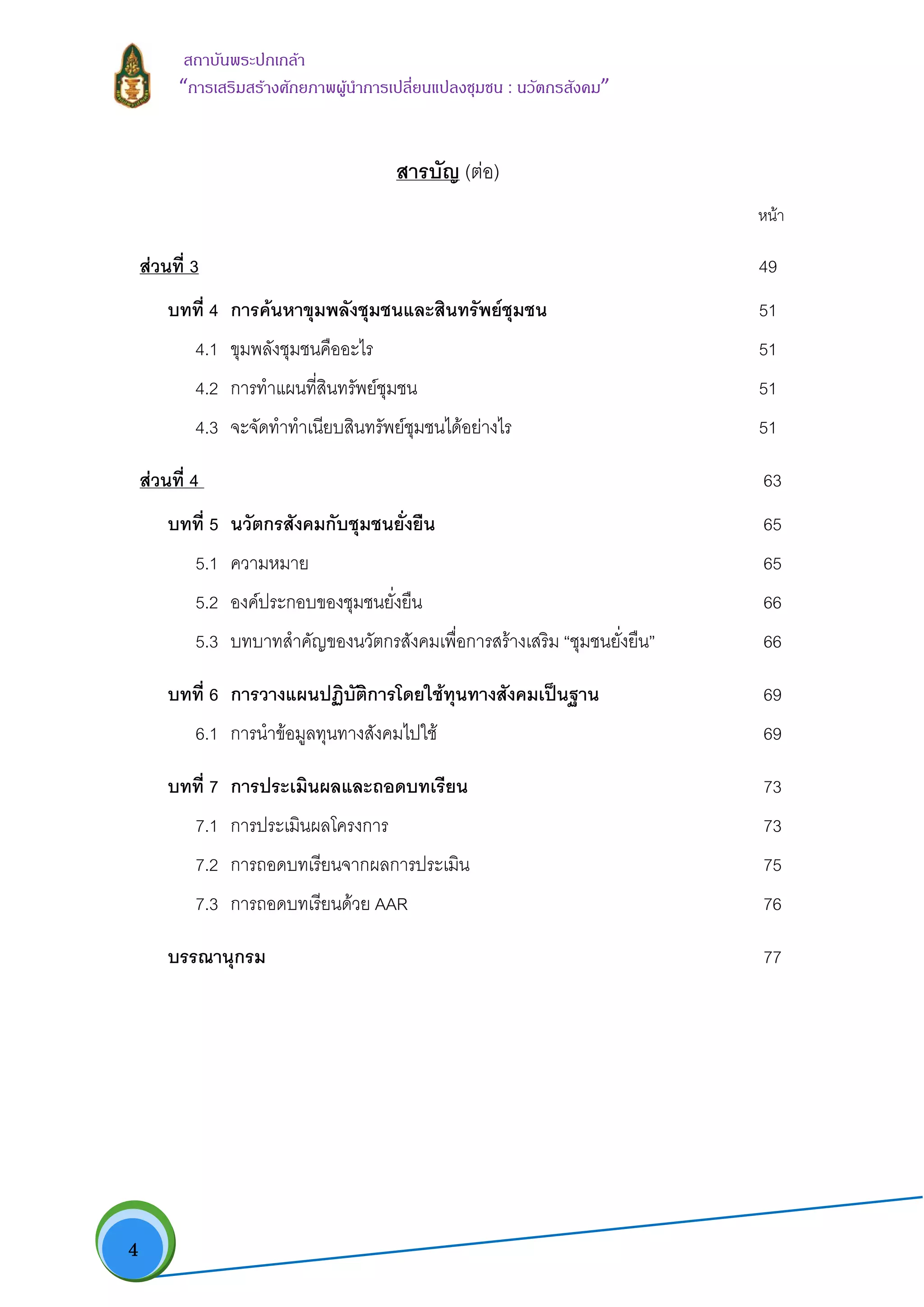  4
สถาบันพระปกเกลา
“การเสริมสรางศักยภาพผูนําการเปลี่ยนแปลงชุมชน : นวัตกรสังคม” 
สารบัญ (ตอ)
หนา
สวนที่ 3 49
บทที่ 4 การคนหาขุมพลังชุมชนและสินทรัพยชุมชน 51
4.1 ขุมพลังชุมชนคืออะไร 51
4.2 การทําแผนที่สินทรัพยชุมชน 51
4.3 จะจัดทําทําเนียบสินทรัพยชุมชนไดอยางไร 51
สวนที่ 4 63
บทที่ 5 นวัตกรสังคมกับชุมชนยั่งยืน 65
5.1 ความหมาย 65
5.2 องคประกอบของชุมชนยั่งยืน 66
5.3 บทบาทสําคัญของนวัตกรสังคมเพื่อการสรางเสริม “ชุมชนยั่งยืน” 66
บทที่ 6 การวางแผนปฏิบัติการโดยใชทุนทางสังคมเปนฐาน 69
6.1 การนําขอมูลทุนทางสังคมไปใช 69
บทที่ 7 การประเมินผลและถอดบทเรียน 73
7.1 การประเมินผลโครงการ 73
7.2 การถอดบทเรียนจากผลการประเมิน 75
7.3 การถอดบทเรียนดวย AAR 76
บรรณานุกรม 77
 