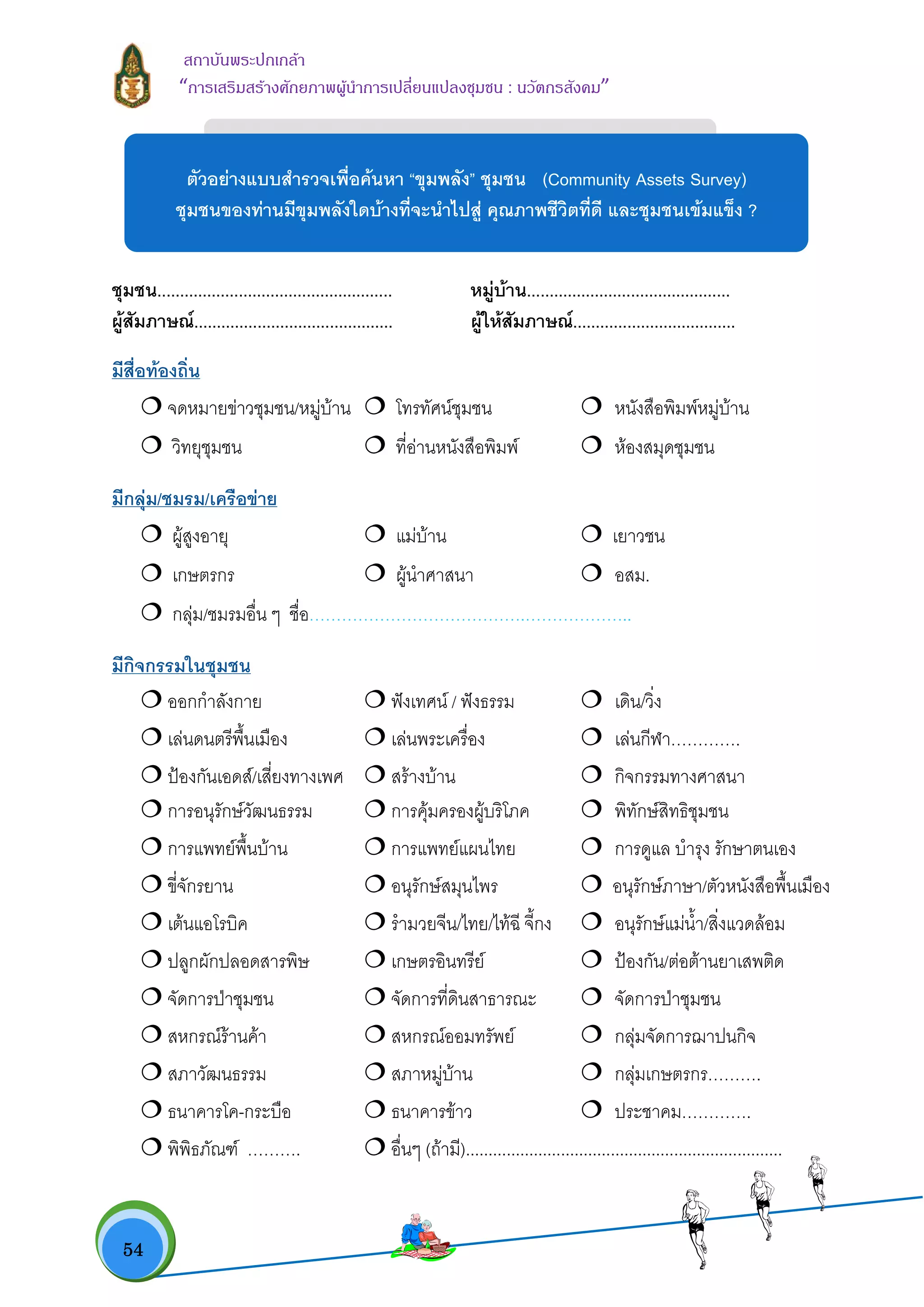  54
สถาบันพระปกเกลา
“การเสริมสรางศักยภาพผูนําการเปลี่ยนแปลงชุมชน : นวัตกรสังคม” 
ชุมชน.................................................... หมูบาน.............................................
ผูสัมภาษณ............................................ ผูใหสัมภาษณ....................................
มีสื่อทองถิ่น
จดหมายขาวชุมชน/หมูบาน โทรทัศนชุมชน หนังสือพิมพหมูบาน
วิทยุชุมชน ที่อานหนังสือพิมพ หองสมุดชุมชน
มีกลุม/ชมรม/เครือขาย
ผูสูงอายุ แมบาน เยาวชน
เกษตรกร ผูนําศาสนา อสม.
กลุม/ชมรมอื่น ๆ ชื่อ………………………………….………………..
มีกิจกรรมในชุมชน
ออกกําลังกาย ฟงเทศน / ฟงธรรม เดิน/วิ่ง
เลนดนตรีพื้นเมือง เลนพระเครื่อง เลนกีฬา………….
ปองกันเอดส/เสี่ยงทางเพศ สรางบาน กิจกรรมทางศาสนา
การอนุรักษวัฒนธรรม การคุมครองผูบริโภค พิทักษสิทธิชุมชน
การแพทยพื้นบาน การแพทยแผนไทย การดูแล บํารุง รักษาตนเอง
ขี่จักรยาน อนุรักษสมุนไพร อนุรักษภาษา/ตัวหนังสือพื้นเมือง
เตนแอโรบิค รํามวยจีน/ไทย/ไทฉี จี้กง อนุรักษแมน้ํา/สิ่งแวดลอม
ปลูกผักปลอดสารพิษ เกษตรอินทรีย ปองกัน/ตอตานยาเสพติด
จัดการปาชุมชน จัดการที่ดินสาธารณะ จัดการปาชุมชน
สหกรณรานคา สหกรณออมทรัพย กลุมจัดการฌาปนกิจ
สภาวัฒนธรรม สภาหมูบาน กลุมเกษตรกร……….
ธนาคารโค-กระบือ ธนาคารขาว ประชาคม………….
พิพิธภัณฑ ………. อื่นๆ (ถามี)......................................................................
ตัวอยางแบบสํารวจเพื่อคนหา “ขุมพลัง” ชุมชน (Community Assets Survey)
ชุมชนของทานมีขุมพลังใดบางที่จะนําไปสู คุณภาพชีวิตที่ดี และชุมชนเขมแข็ง ?
 