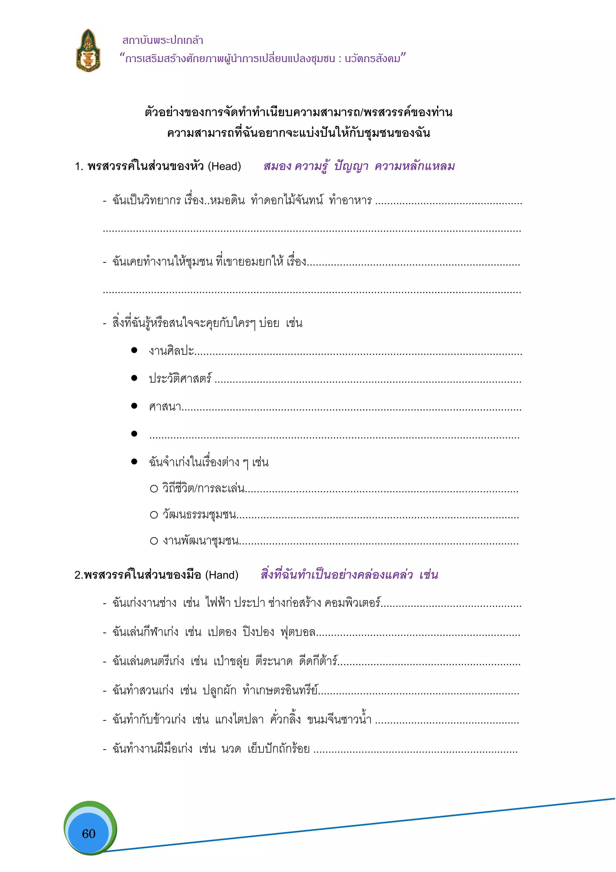  60
สถาบันพระปกเกลา
“การเสริมสรางศักยภาพผูนําการเปลี่ยนแปลงชุมชน : นวัตกรสังคม” 
ตัวอยางของการจัดทําทําเนียบความสามารถ/พรสวรรคของทาน
ความสามารถที่ฉันอยากจะแบงปนใหกับชุมชนของฉัน
1. พรสวรรคในสวนของหัว (Head) สมอง ความรู ปญญา ความหลักแหลม
- ฉันเปนวิทยากร เรื่อง..หมอดิน ทําดอกไมจันทน ทําอาหาร .................................................
...........................................................................................................................................
- ฉันเคยทํางานใหชุมชน ที่เขายอมยกให เรื่อง.......................................................................
...........................................................................................................................................
- สิ่งที่ฉันรูหรือสนใจจะคุยกับใครๆ บอย เชน
• งานศิลปะ.............................................................................................................
• ประวัติศาสตร ......................................................................................................
• ศาสนา.................................................................................................................
• ...........................................................................................................................
• ฉันจําเกงในเรื่องตาง ๆ เชน
o วิถีชีวิต/การละเลน...........................................................................................
o วัฒนธรรมชุมชน..............................................................................................
o งานพัฒนาชุมชน.............................................................................................
2.พรสวรรคในสวนของมือ (Hand) สิ่งที่ฉันทําเปนอยางคลองแคลว เชน
- ฉันเกงงานชาง เชน ไฟฟา ประปา ชางกอสราง คอมพิวเตอร...............................................
- ฉันเลนกีฬาเกง เชน เปตอง ปงปอง ฟุตบอล....................................................................
- ฉันเลนดนตรีเกง เชน เปาขลุย ตีระนาด ดีดกีตาร.............................................................
- ฉันทําสวนเกง เชน ปลูกผัก ทําเกษตรอินทรีย...................................................................
- ฉันทํากับขาวเกง เชน แกงไตปลา คั่วกลิ้ง ขนมจีนซาวน้ํา ................................................
- ฉันทํางานฝมือเกง เชน นวด เย็บปกถักรอย ....................................................................
 