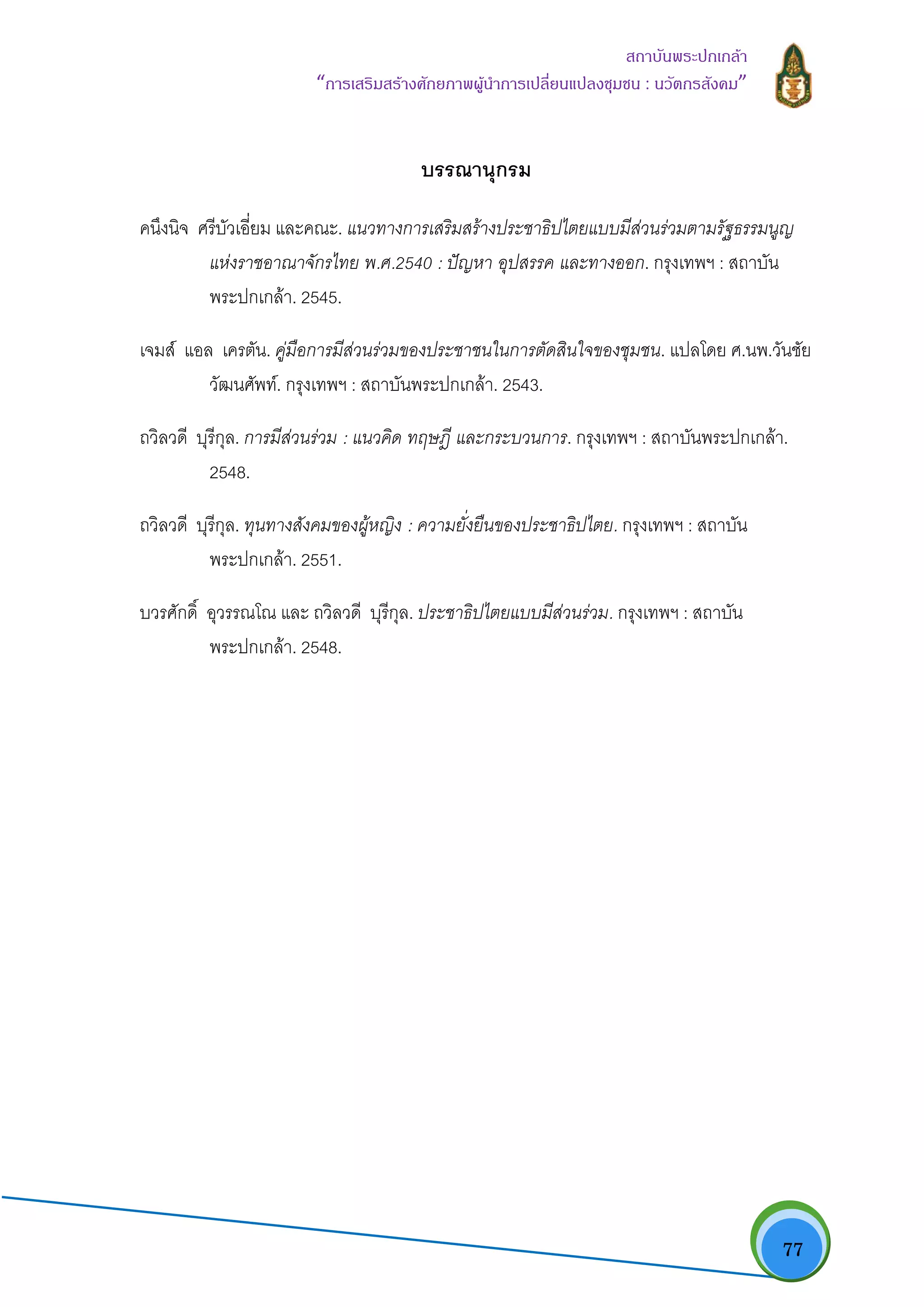   77
สถาบันพระปกเกลา
“การเสริมสรางศักยภาพผูนําการเปลี่ยนแปลงชุมชน : นวัตกรสังคม” 
บรรณานุกรม
คนึงนิจ ศรีบัวเอี่ยม และคณะ. แนวทางการเสริมสรางประชาธิปไตยแบบมีสวนรวมตามรัฐธรรมนูญ
แหงราชอาณาจักรไทย พ.ศ.2540 : ปญหา อุปสรรค และทางออก. กรุงเทพฯ : สถาบัน
พระปกเกลา. 2545.
เจมส แอล เครตัน. คูมือการมีสวนรวมของประชาชนในการตัดสินใจของชุมชน. แปลโดย ศ.นพ.วันชัย
วัฒนศัพท. กรุงเทพฯ : สถาบันพระปกเกลา. 2543.
ถวิลวดี บุรีกุล. การมีสวนรวม : แนวคิด ทฤษฎี และกระบวนการ. กรุงเทพฯ : สถาบันพระปกเกลา.
2548.
ถวิลวดี บุรีกุล. ทุนทางสังคมของผูหญิง : ความยั่งยืนของประชาธิปไตย. กรุงเทพฯ : สถาบัน
พระปกเกลา. 2551.
บวรศักดิ์ อุวรรณโณ และ ถวิลวดี บุรีกุล. ประชาธิปไตยแบบมีสวนรวม. กรุงเทพฯ : สถาบัน
พระปกเกลา. 2548.
 