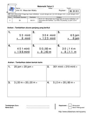 Matematik Tahun 3 Masa Dan Waktu Operaasi Tambah B3 D1 E11