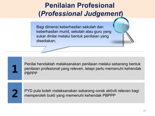 Penilaian Profesional
(Professional Judgement)
Bagi dimensi keberhasilan sekolah dan
keberhasilan murid, sekolah atau guru yang
sukar dinilai melalui bentuk penilaian yang
disediakan;
Penilai hendaklah melaksanakan penilaian melalui sebarang bentuk
penilaian profesional yang releven, tetapi perlu memenuhi kehendak
PBPPP
PYD pula boleh melaksanakan sebarang corak aktiviti releven bagi
memperoleh bukti yang memenuhi kehendak PBPPP
1
2
25
 