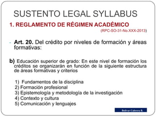 SUSTENTO LEGAL SYLLABUS
1. REGLAMENTO DE RÉGIMEN ACADÉMICO
(RPC-SO-31-No.XXX-2013)
- Art. 20. Del crédito por niveles de formación y áreas
formativas:
b) Educación superior de grado: En este nivel de formación los
créditos se organizarán en función de la siguiente estructura
de áreas formativas y criterios
1) Fundamentos de la disciplina
2) Formación profesional
3) Epistemología y metodología de la investigación
4) Contexto y cultura
5) Comunicación y lenguajes
Bolívar Cabrera B.
 