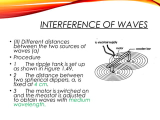 INTERFERENCE OF WAVES
• (II) Different distances
between the two sources of
waves (a)
• Procedure
• 1
The ripple tank is set up
as shown in Figure 1.49.
• 2
The distance between
two spherical dippers, a, is
fixed at 4 cm.
• 3
The motor is switched on
and the rheostat is adjusted
to obtain waves with medium
wavelength.

 