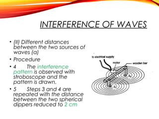 INTERFERENCE OF WAVES
• (II) Different distances
between the two sources of
waves (a)
• Procedure
• 4
The interference
pattern is observed with
stroboscope and the
pattern is drawn.
• 5
Steps 3 and 4 are
repeated with the distance
between the two spherical
dippers reduced to 2 cm

 
